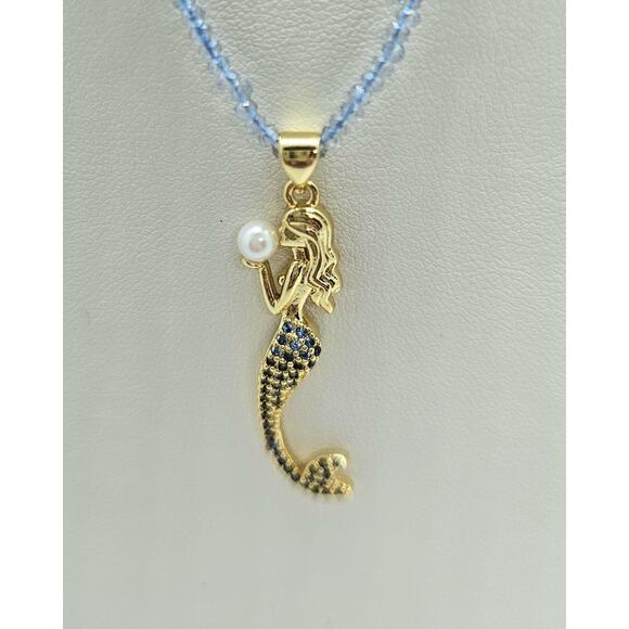 Handmade Mermaid Necklace Pendant Pearl Blue Crystal bead and 14k Plated Chain - Picture 1 of 5